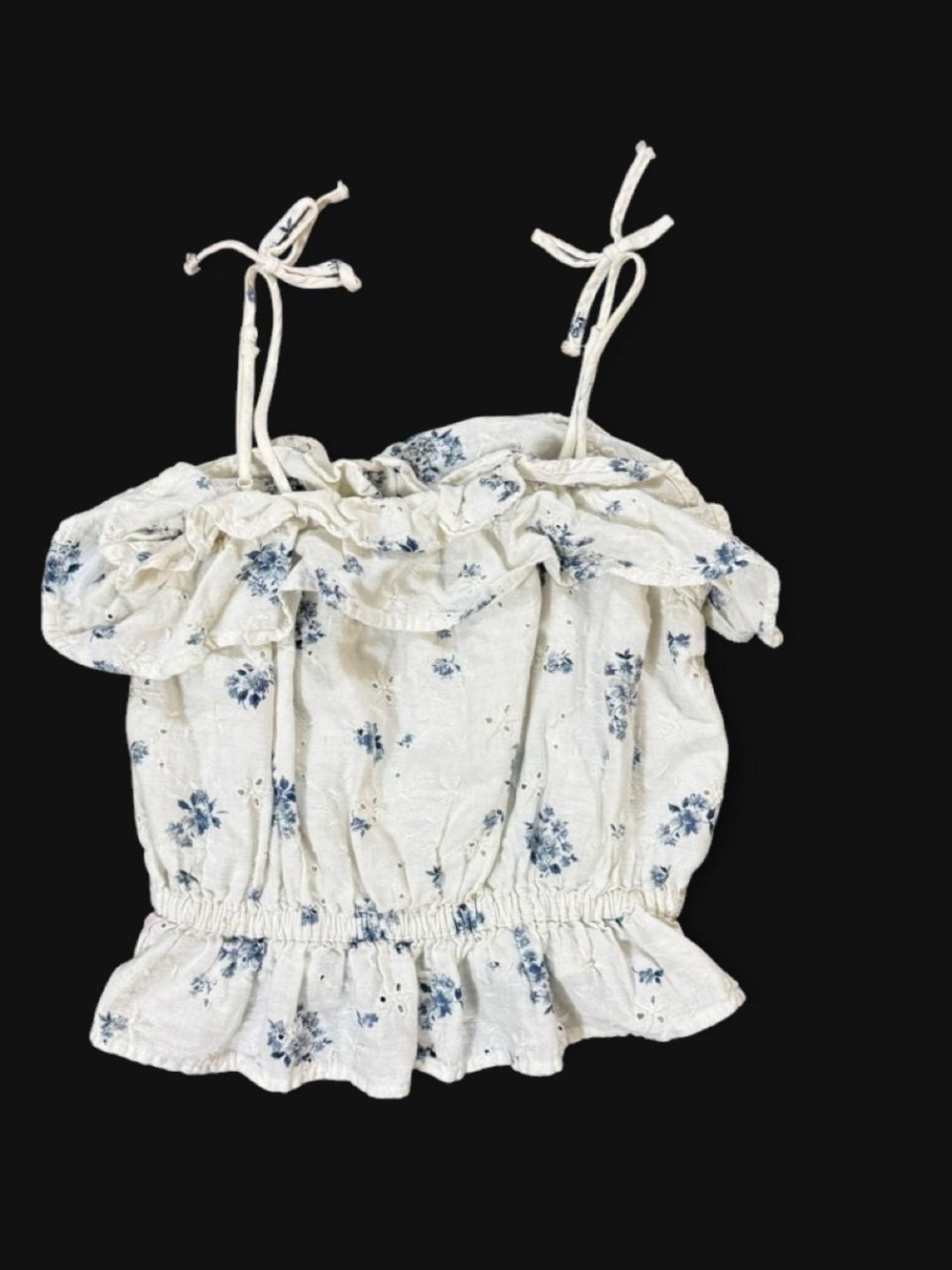 American Eagle White Blue Floral Ruffle Crop Top Women’s Size S